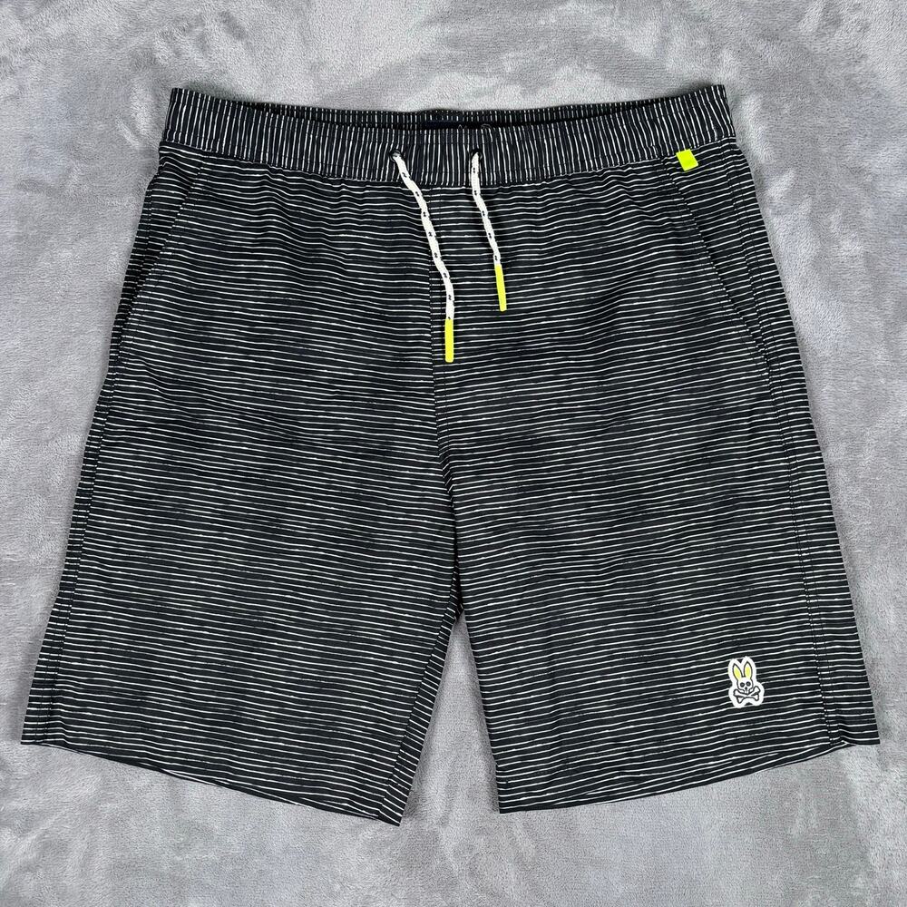 Boys Psycho Bunny Swim Trunks Black White Striped Size XL 18/20